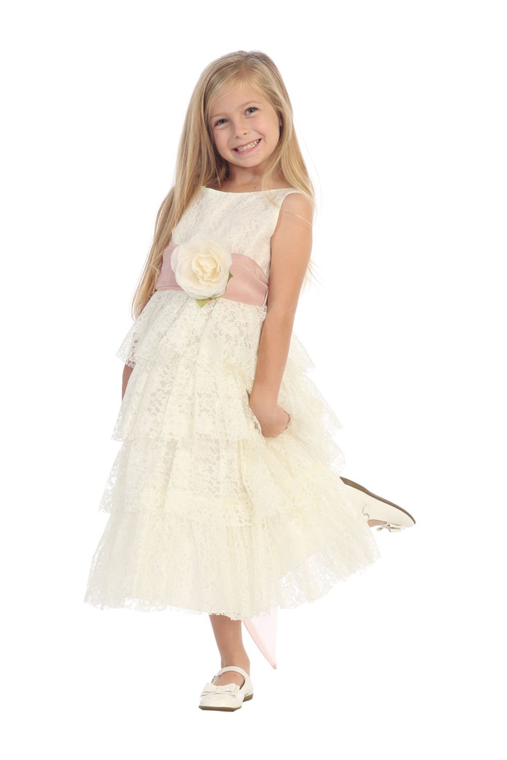 Ivory/Dusty Rose Lace Layered Dress with Detachable Organza Sash